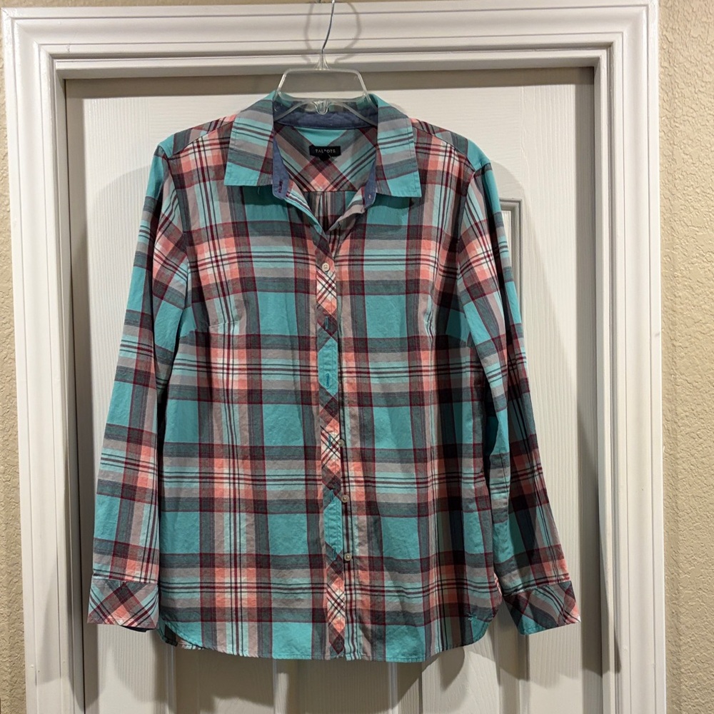 Talbots Plaid Button-Down Shirt in Teal and Coral Womens L like new - Picture 3 of 5